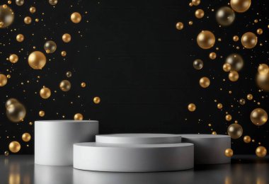 3D, lüks gri podyum ve elementlerin karanlık bir sahnede, 3D resimli lüks bir ürün standı için, siyah bir arkaplana karşı canlandırılması