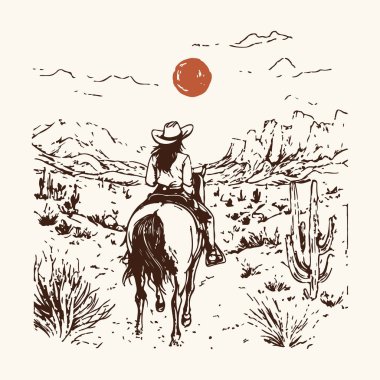 Desert Horse At Binen Kovboy Kız Grafik Tees için Retro Sanat Tasarımı