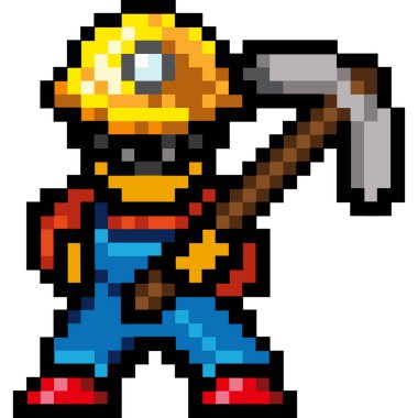 Oyunun kahramanının piksel ikonu, kahraman bir müteahhit elbisesi içinde, kafasında el feneri olan sarı bir kask var. Eldeki araç.