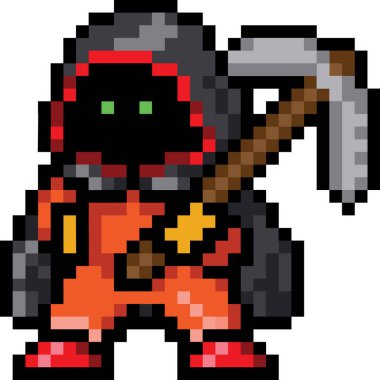 Oyun karakteri cüce, piksel grafikler, 8 bit, vektör resmi. Elinde aletle kapüşonlu cüce. Animasyon kahramanı. Gözler parlıyor, bacaklar ayrılıyor. Turuncu, yeşil ve kahverengiye boyanmıştır..