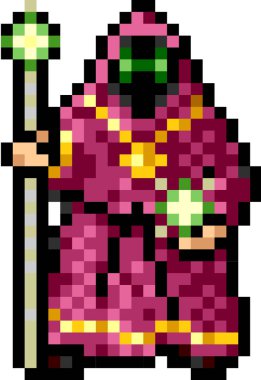 Oyun kahramanı, sihirbaz, piksel grafiklerle çizilmiş bir sihirbaz. Büyücü uzun bir kapüşonlu kapüşonlu giyinmiş. Bir elinde sihirli bir değnek, diğer elinde ise kareli bir ateş topu var. Soyut bir zemin.