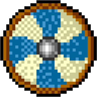 Bir savaşçının kalkanı, Viking. Vektör piksel grafikleri. Mavi ve sarı kalkan. yuvarlak şekil, nesne