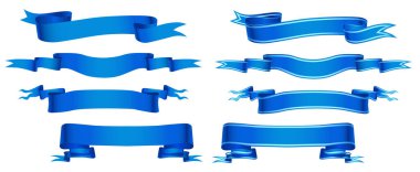 Bayramlar, kartlar, selamlar, ikonlar için mavi kurdele. Gerçekçi mavi kurdele kümesi, vektör görüntüsü. Arkaplan ve afişin dekorasyonu için klasik kurdeleler için birçok seçenek.
