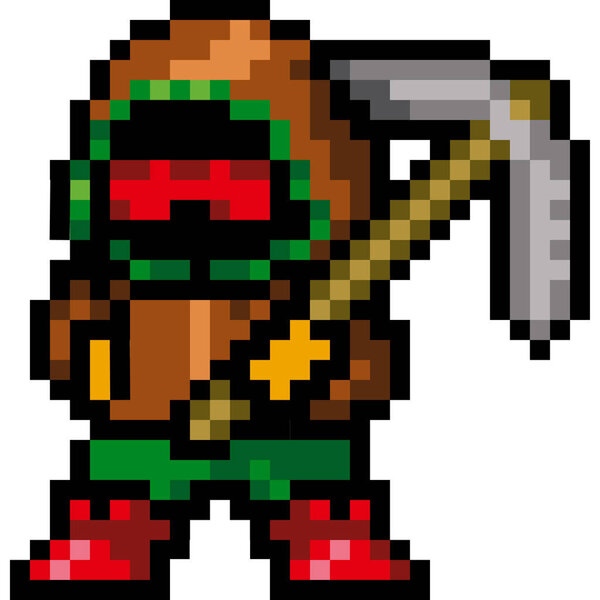 Game character dwarf, pixel graphics, 8 bits, vector image. Dwarf in the hood with the tool in his hand. Animated hero. Eyes glow, legs apart. It is painted in different colors: orange, green, brown.