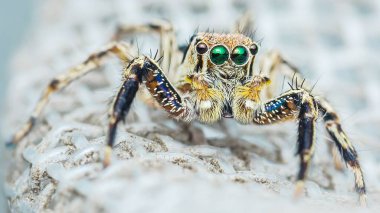 Büyük yeşil gözlü sıçrayan örümcek, özgüvenli bir şekilde tel ekranda duruyor ve doğal bir arka plana karşı karmaşık özelliklerini vurguluyor..