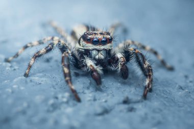 Mavi beton bir yüzey üzerinde duran siyah, beyaz ve kahverengi işaretli zıplayan örümcek..