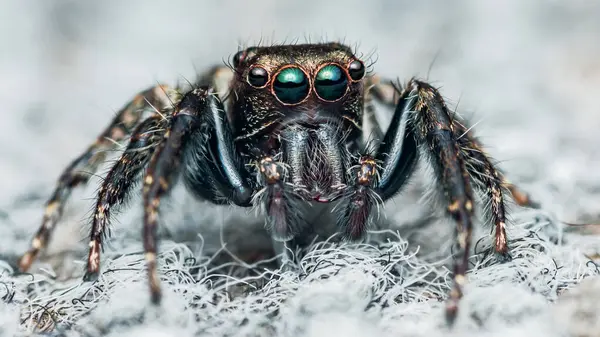 Büyük yeşil gözleri ve yanardöner gergedanı olan zıplayan örümceğin yakın çekimi ince liflerle beyaz bir yüzeyde duruyor ve çarpıcı bir kontrast oluşturuyor.