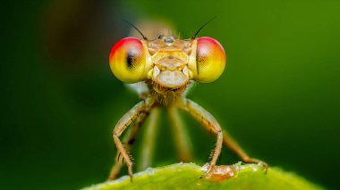 Yeşil bir yaprağın üzerinde poz veren bir kızböceğinin aşırı yakın çekimi, büyük kırmızı ve sarı gözlerini gösteriyor.