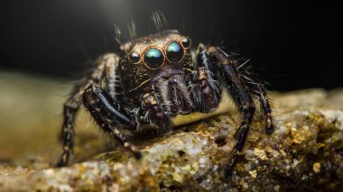 Yanardöner gözlerini ve kıllı vücudunu bir kayanın üzerinde duran zıplayan örümceğin yakın çekimi.