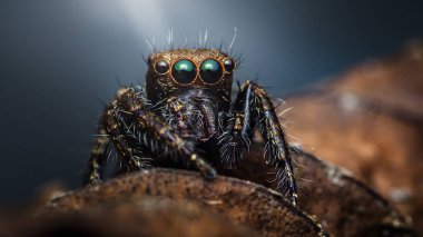 Dalın üzerine tünemiş zıplayan bir örümceğin yakın plan görüntüsü çarpıcı yeşil gözleri ve kıllı bacaklarının karmaşık ayrıntılarını gözler önüne seriyor.