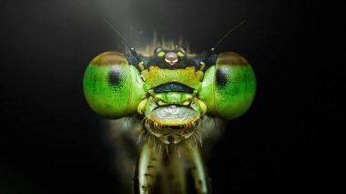 Genç kız sineğinin kafasındaki makro fotoğraf bileşik göz, çene ve antenin karanlık arka plana karşı karmaşık detaylarını gösteriyor.