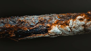 Paslanmış metal bir çubuğa yakın plan, paslanma ve çürüme sergiliyor, karanlık bir zemin üzerine kurulmuş, zamanın etkilerini vurguluyor ve metal yüzeylerde yıpranma var.