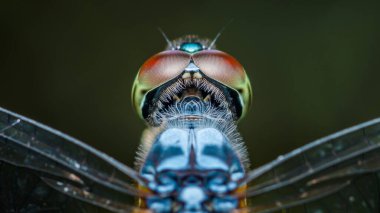 Bir yusufçuğun yüzünün aşırı makro fotoğrafı, geniş bileşik gözlerini ve karmaşık detaylarını gözler önüne seriyor, doğanın tasarımının güzelliğini ve karmaşıklığını gözler önüne seriyor.