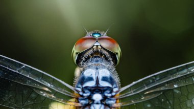 Renkli yusufçuk yüzü ve büyük gözler, böceğin kafasının ve kanatlarının karmaşık detaylarını ve dokusunu açığa çıkaran makro yakın çekim fotoğraflarında sergilenir.