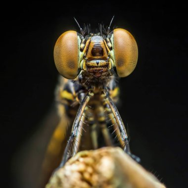Küçük sineğin kafası doğrudan kameraya bakıyor, belirgin bir şekilde geniş, karmaşık bileşik gözlerini ve detaylı yüz özelliklerini karanlık, odak dışı bir arka planda gösteriyor.