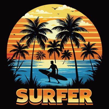 Görüntü, sörf tahtası, palmiye ağaçları ve dairesel bir çerçevede gün batımı olan bir sörfçünün grafiğini gösteriyor. SURFER kelimesi en altta. Tropikal plaj titreşimlerini uyandırıyor.. 