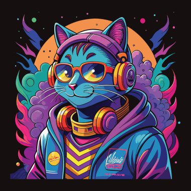 Kulaklık ve güneş gözlüğü takan stil sahibi, antropomorfik bir kedi. Yıldızlar ve nebula ile dolu canlı bir kozmik zemin üzerine kurulmuş. Sanat eserleri renkli ve detaylı, pop kültürünün elementlerini bir uzay temasıyla harmanlıyor.