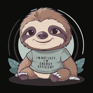 A cartoon sloth sitting contentedly, wearing a t-shirt that reads IM NOT LAZY, IM ENERGY EFFICIENT. The background features a circular frame with two leaves at the bottom, adding a touch of nature to the humorous and lighthearted design. clipart