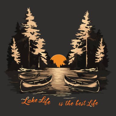  Gün doğumunda bir göl. Orman yığınları arasında güneş ufukta batıyor. Sahilde üç kano dinleniyor, yansımaları suda görülebiliyor. Metin Lake Life en iyisidir. Hayat gölde yaşamanın güzelliğini vurgular..