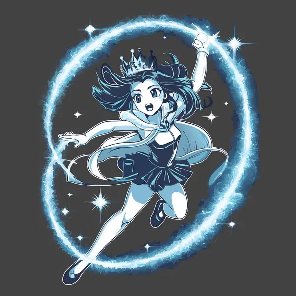 stock vector A cheerful princess with a crown and ballet-like shoes, surrounded by swirling lines and stars. The dark background contrasts with the light blue character, creating a magical and whimsical effect perfect for fantasy art lovers.