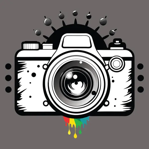 stock vector A camera with vivid colors dripping from the lens, symbolizing the dynamic and lively nature of photography.