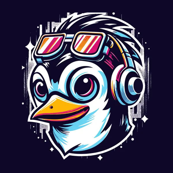 stock vector A cool penguin wearing colorful sunglasses and headphones, exuding a retro and party vibe