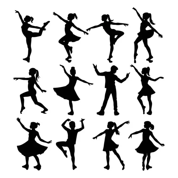 stock vector A versatile collection of twelve black silhouettes depicting children in various dance poses.