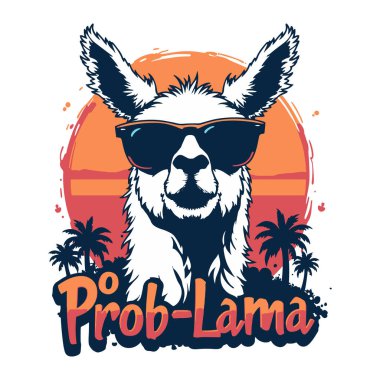 A trendy and fun t-shirt design of a llama wearing sunglasses with a vibrant sunset and palm trees in the background clipart