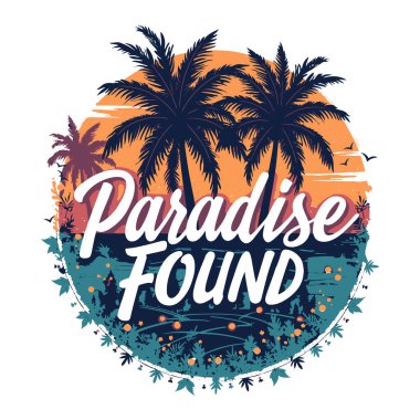 A tropical sunset with palm trees and the text Paradise Found clipart