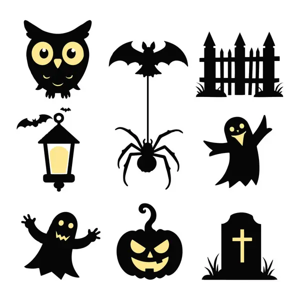 stock vector An owl, bat, fence, lantern with bats, spider, ghosts, jack-o'-lantern, and tombstone collection