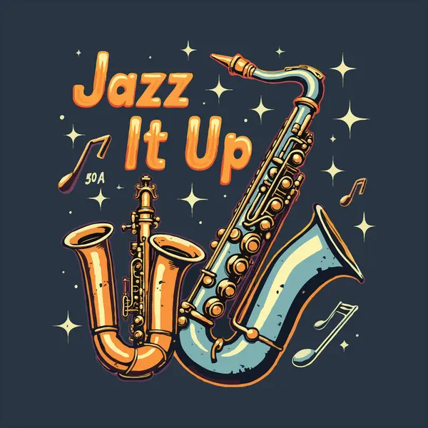 stock vector A saxophone and trumpet with the phrase Jazz It Up