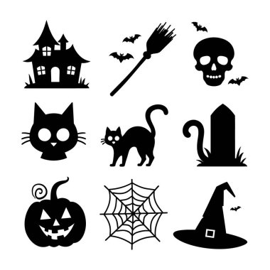 A set of classic Halloween icons featuring a haunted house, broomstick, skull, black cat, tombstone, pumpkin, spider web, and witch hat clipart