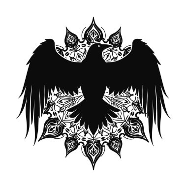 An intricate black silhouette of a raven with wings spread wide, set against a detailed floral mandala background clipart