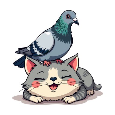 A smiling cat with a pigeon perched on its head clipart