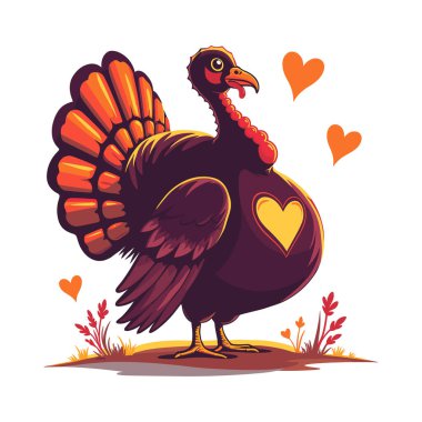 A Thanksgiving turkey adorned with a heart design, surrounded by autumn foliage and hearts clipart