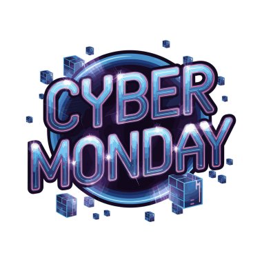 Cyber Monday in neon-style text, surrounded by digital cubes clipart