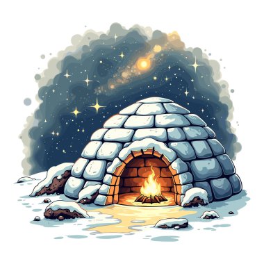 Işıl ışıl yanan bir igloo, yıldızlı bir gökyüzüne karşı kurulmuş.