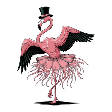 Bale pozu veren, etekli ve silindir şapkalı bir flamingo.