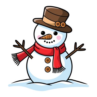 A cheerful snowman dressed in a red scarf and brown top hat, standing happily on a snowy surface clipart