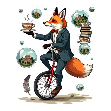 A fox in a suit and bow tie, skillfully balancing a teacup and saucer while riding a unicycle clipart