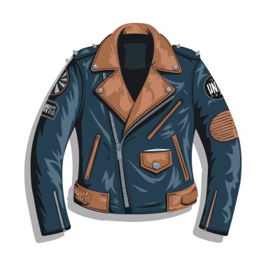 Biker jacket featuring a mix of dark blue and brown leather, adorned with patches and zippers clipart