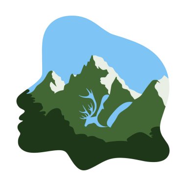 A human profile silhouette filled with a scenic mountain landscape clipart