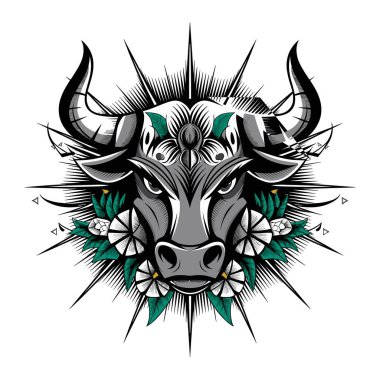 A bull's head adorned with ornate floral patterns and accents clipart