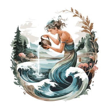 A mythical figure pouring water into a river, surrounded by lush nature clipart