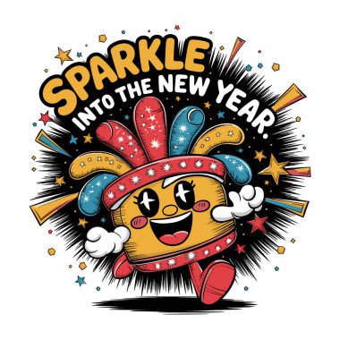 A happy character with colorful fireworks and the text Sparkle into the New Year clipart