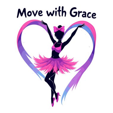 A graceful ballet dancer in a vibrant pink tutu, surrounded by flowing ribbons forming a heart shape clipart