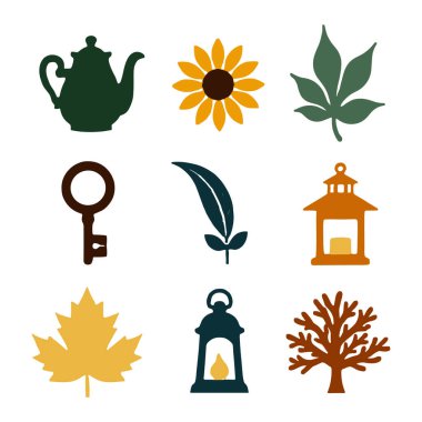 Nature and vintage icons featuring a teapot, sunflower, leaf, key, feather, lantern, maple leaf, and tree clipart