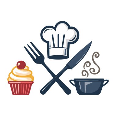 A vibrant collection of culinary icons featuring a chef's hat, fork, knife, cupcake, and steaming pot clipart