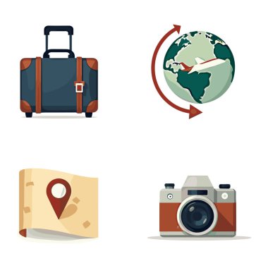 Travel icons featuring a suitcase, globe with an airplane, map with a pin, and camera. clipart