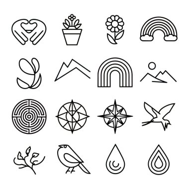 Nature and wellness themes, including hands forming a heart, plants, flowers, rainbows, mountains, birds, and water drops clipart